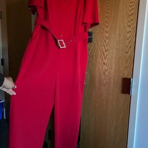Tahari Vibrant Red Jumpsuit with Pearl Belt